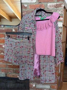 Tibi 3 Piece Set Tweed Detail Coat, Skirt, Sweater Top